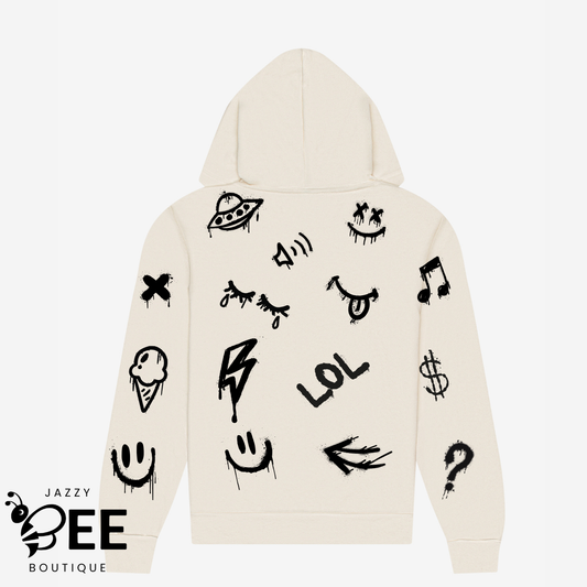 Beige hoodie with black graphics on a white background, featuring the brand 'Jazzy Bee Boutique'.
