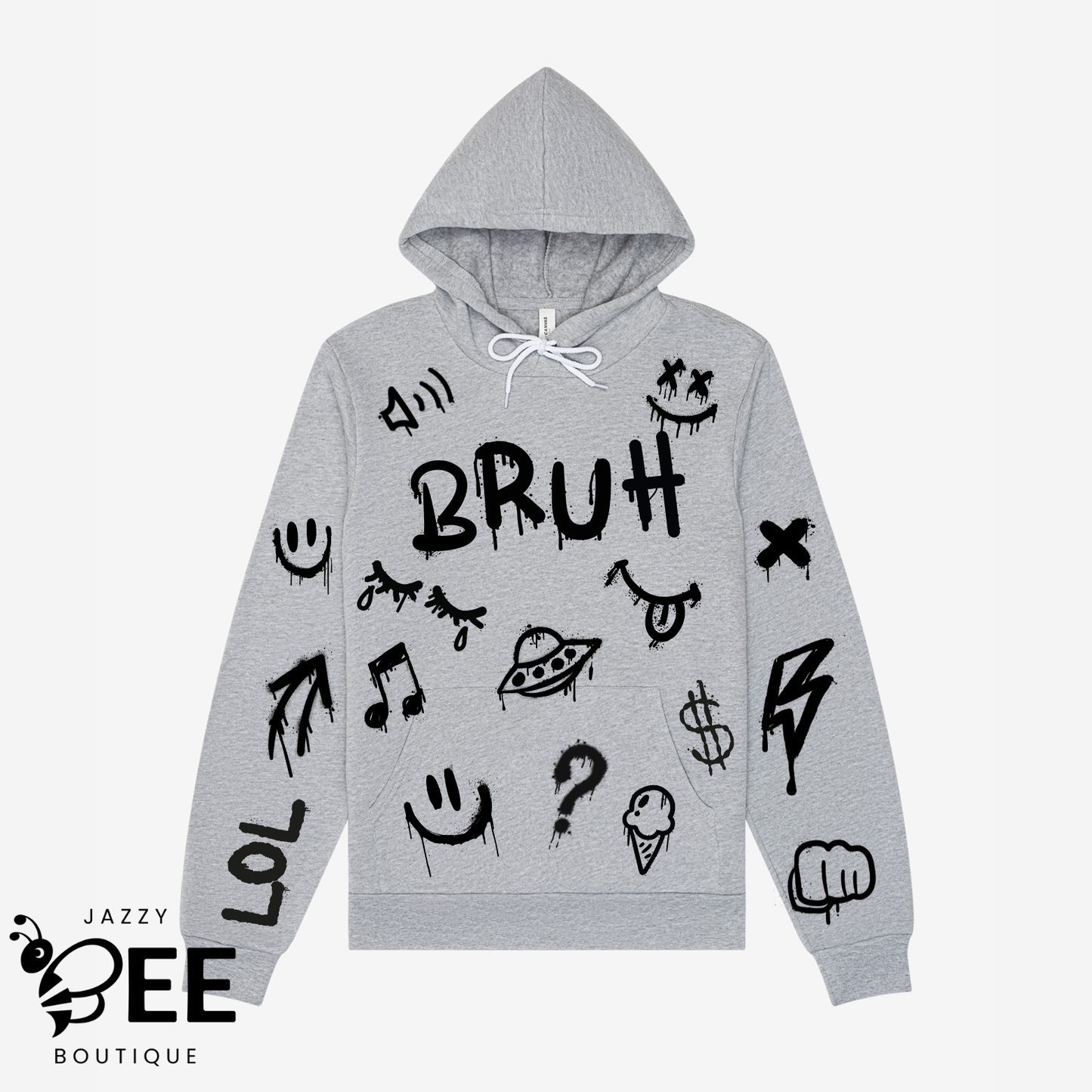 Gray hoodie with black graphics and text on a white background, featuring the brand 'Jazzy Bee Boutique'.