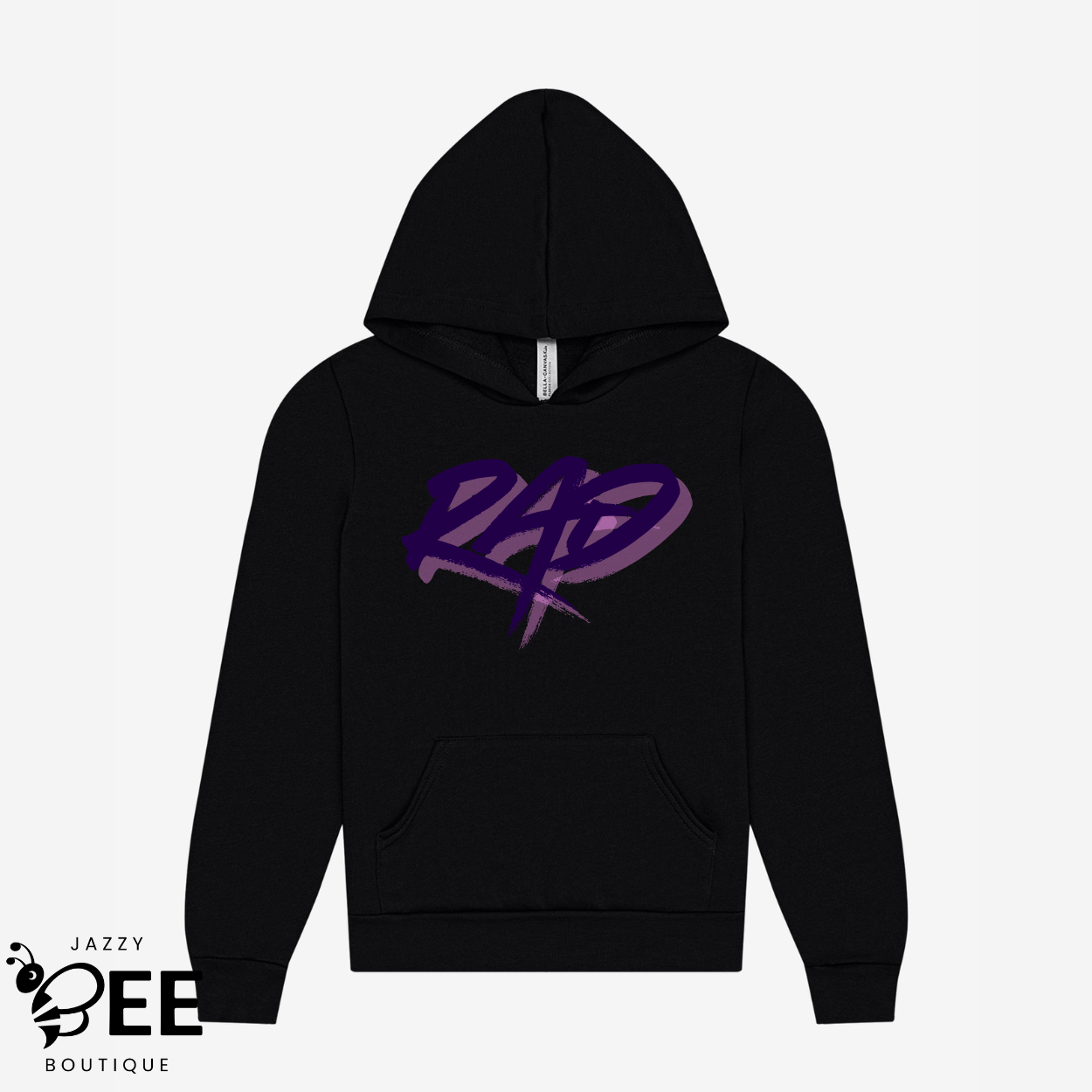 Black hoodie with a RAD design on a white background