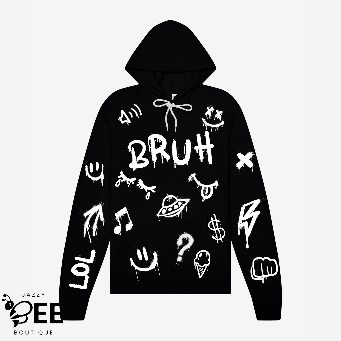 Black hoodie with white graphics and text on a white background