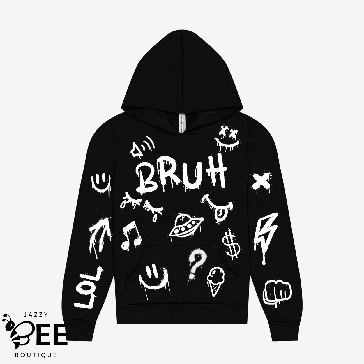 Black hoodie with purple logo on a white background, featuring 'Jazzy Bee Boutique' branding.