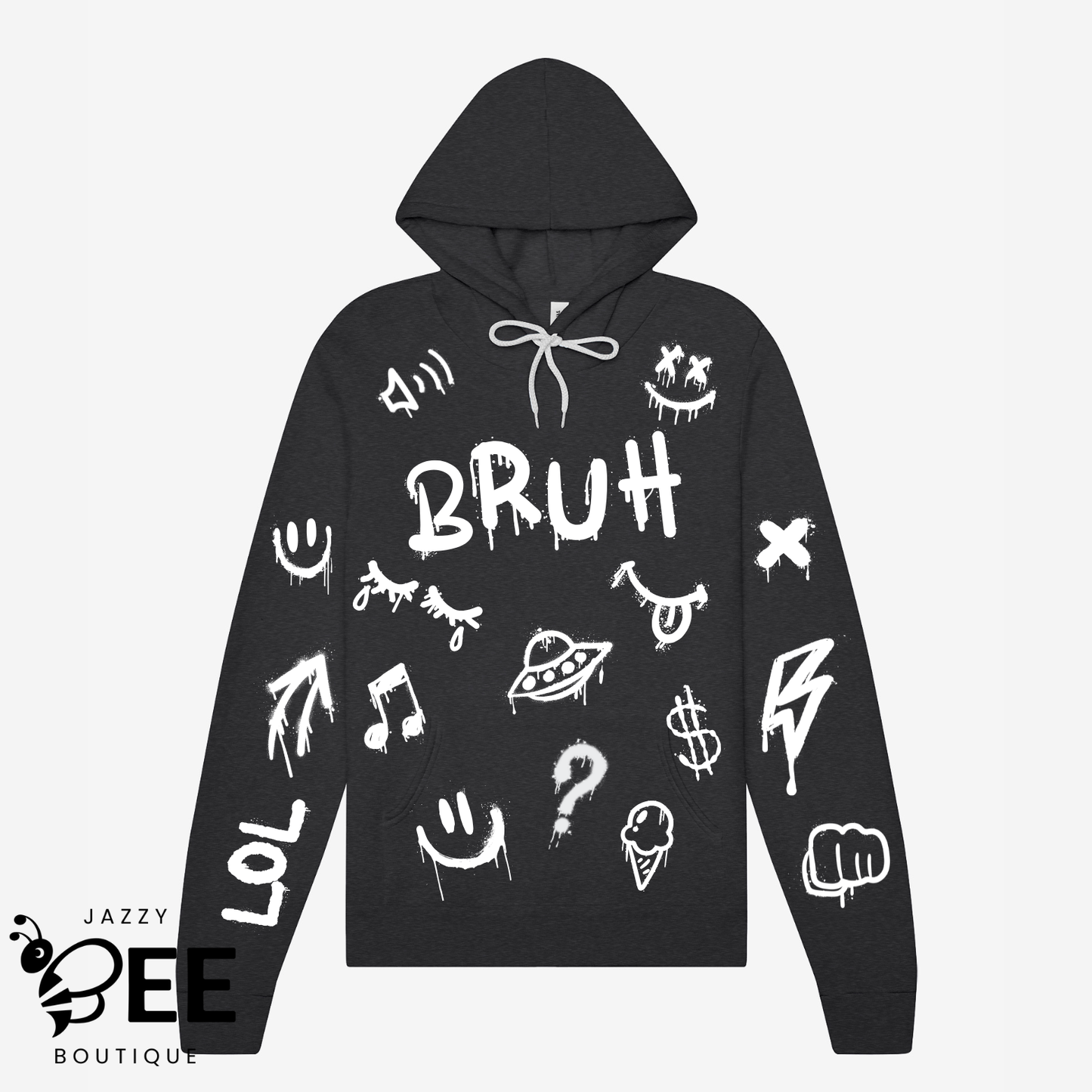 Dark gray hoodie with white graphics and text on a white background