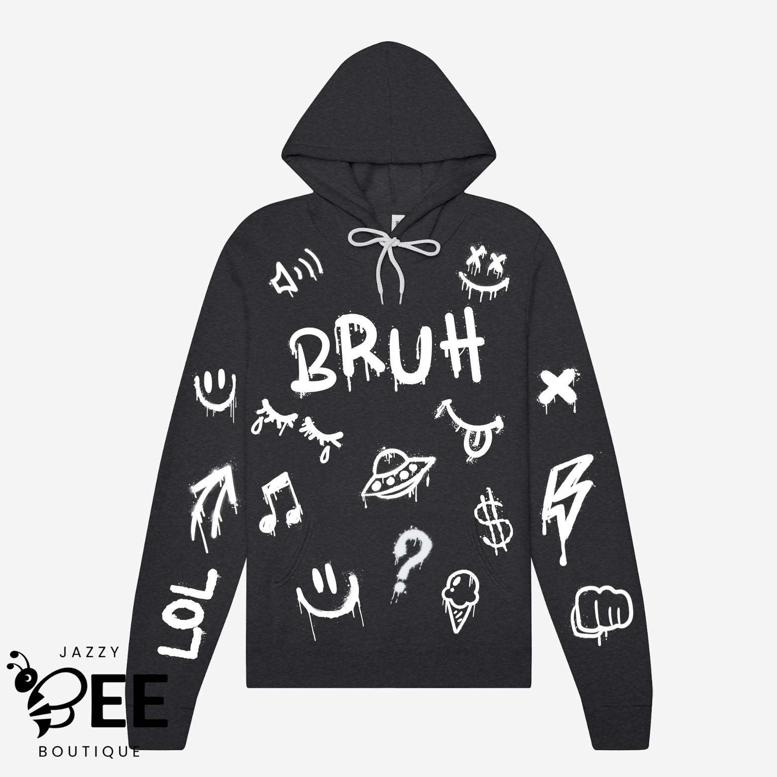 Dark gray hoodie with white graphics and text on a white background