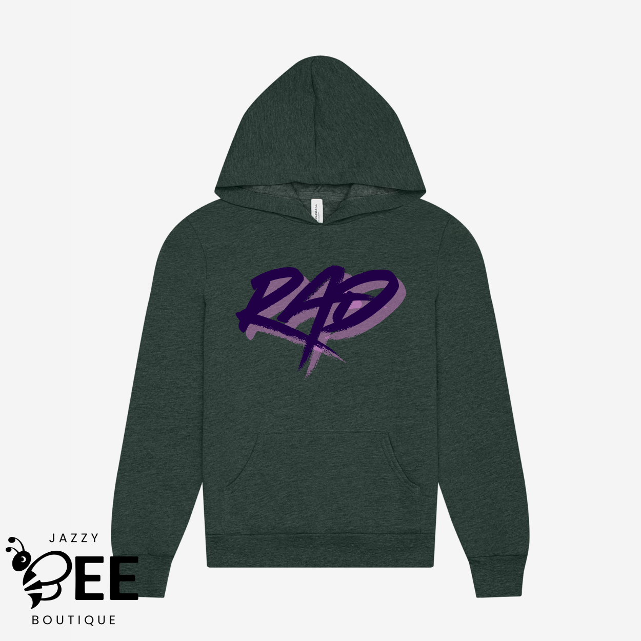 Green hoodie with a purple logo on a white background, featuring the brand 'Jazzy Bee Boutique'.