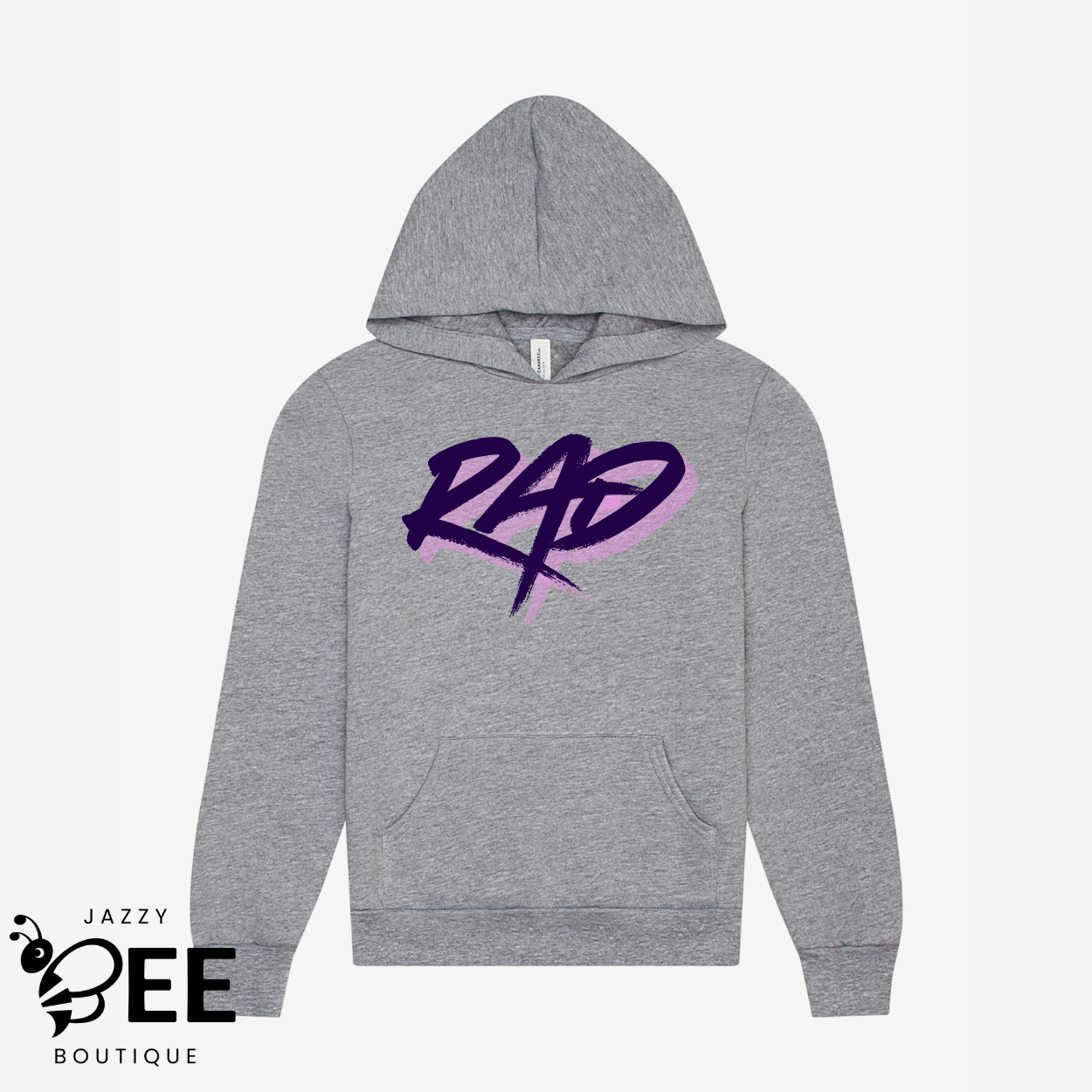 Gray hoodie with 'RAD' in purple on a white background, featuring Jazzy Bee Boutique logo.