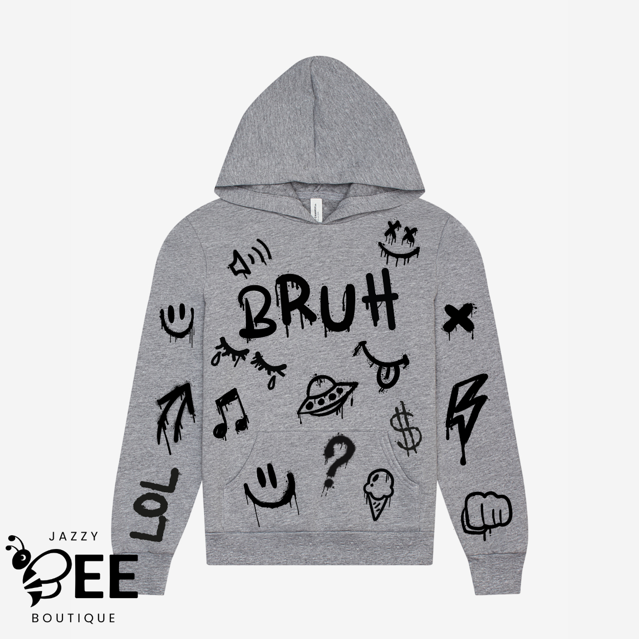 Gray hoodie with black graphics and text on a white background, featuring the brand 'Jazzy Bee Boutique'.