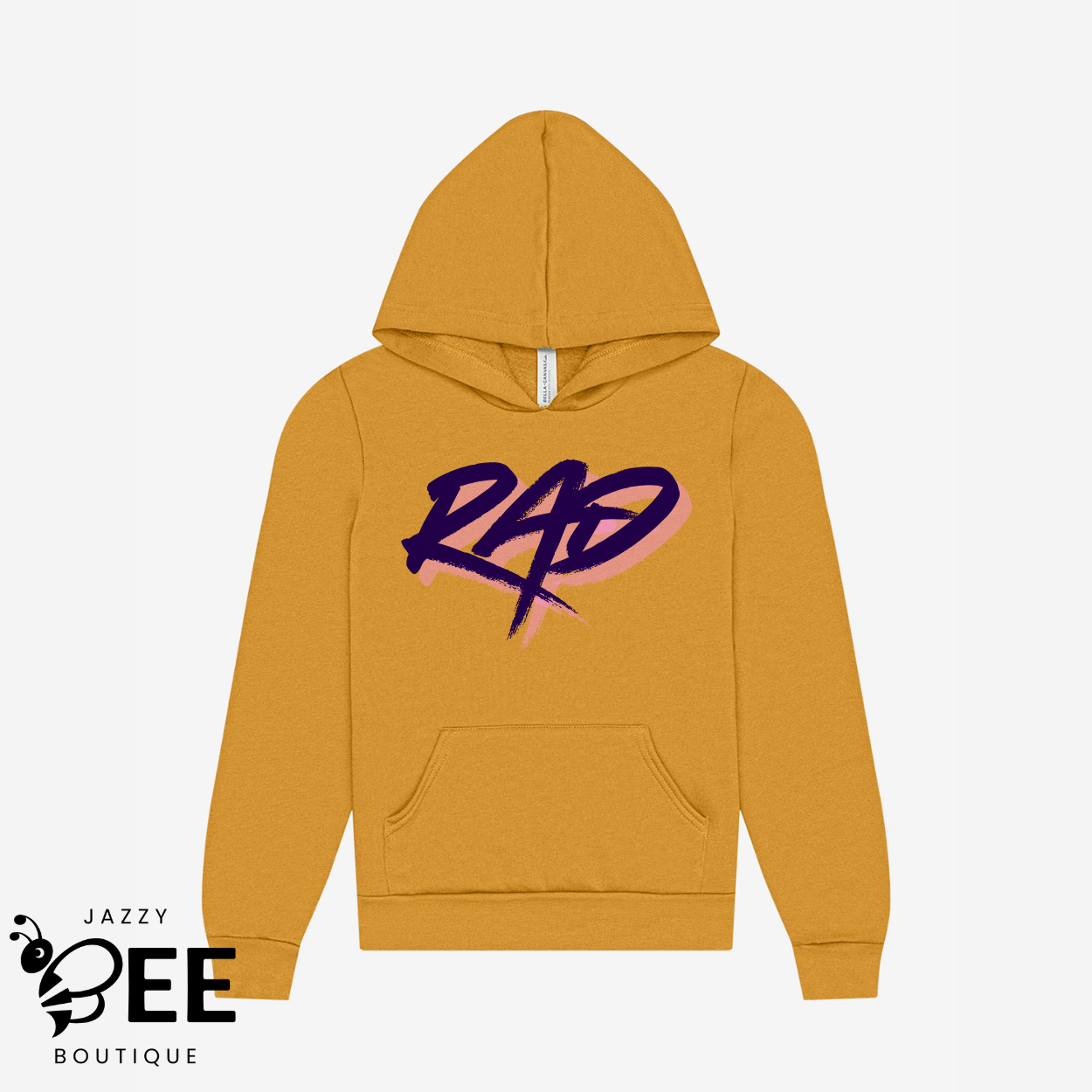 Mustard yellow hoodie with 'RAD' design featuring Jazzy Bee Boutique logo.