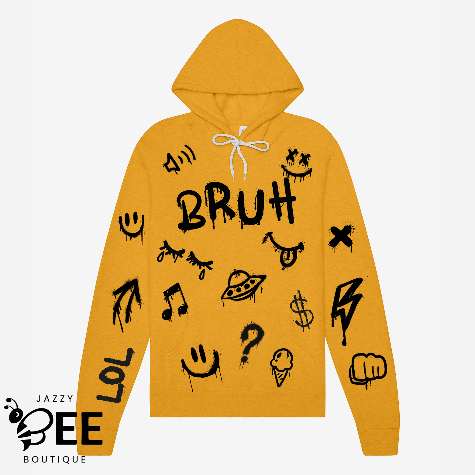 Yellow hoodie with black graphics and text on a white background, featuring the brand 'Jazzy Bee Boutique'.