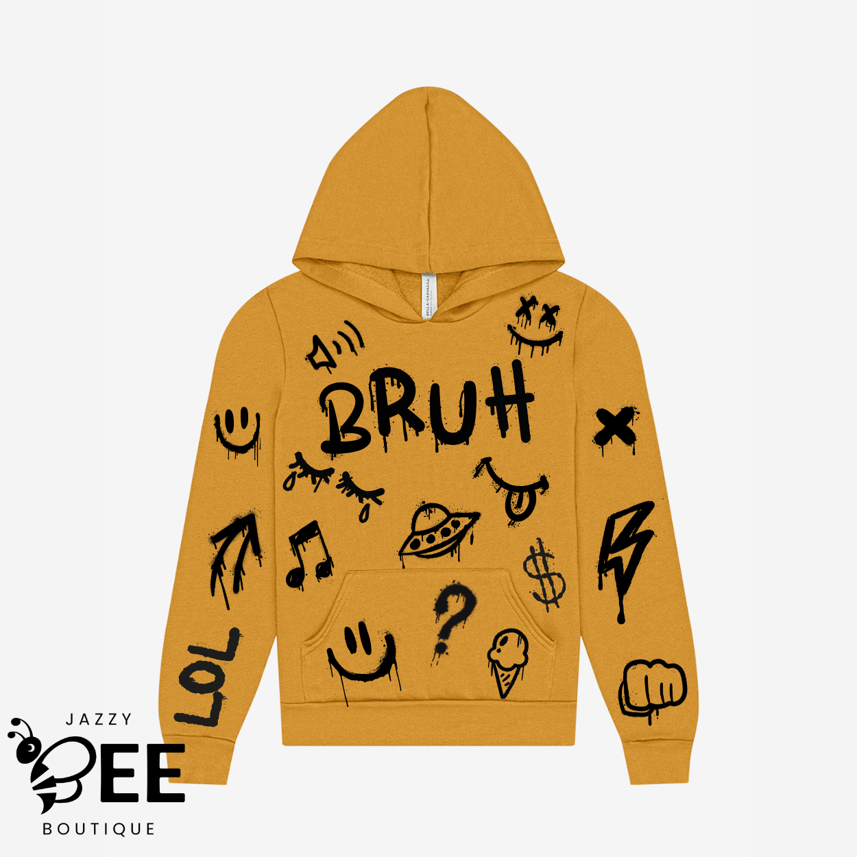 Mustard yellow hoodie with black graphics and text on a light gray background, featuring the brand 'Jazzy Bee Boutique'.