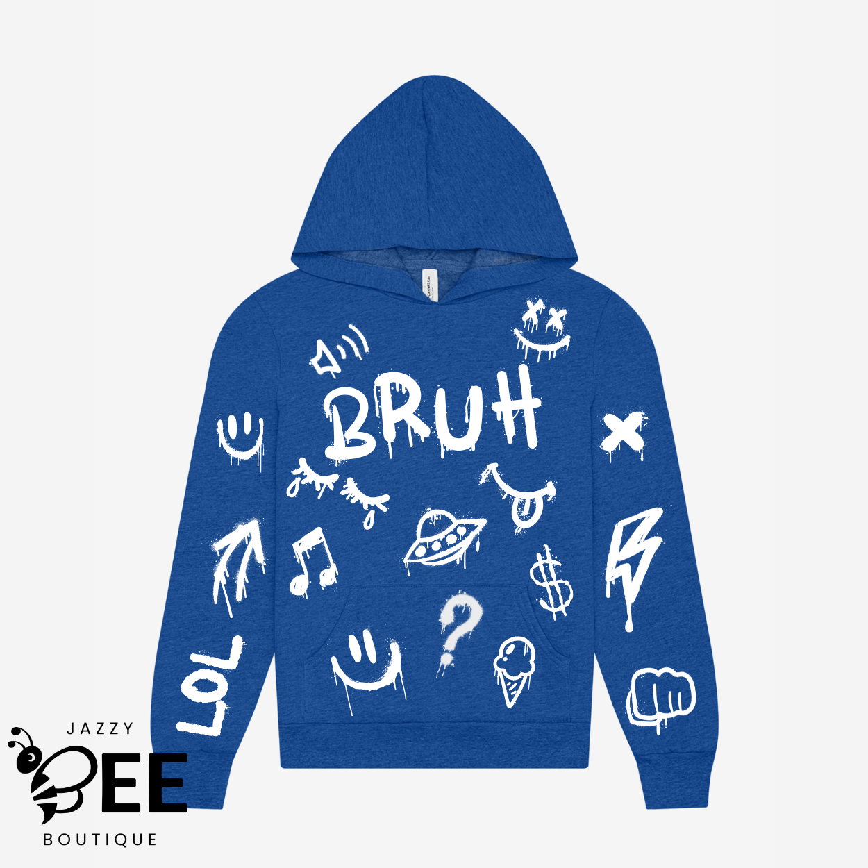 Blue hoodie with white graphics and text on a light gray background