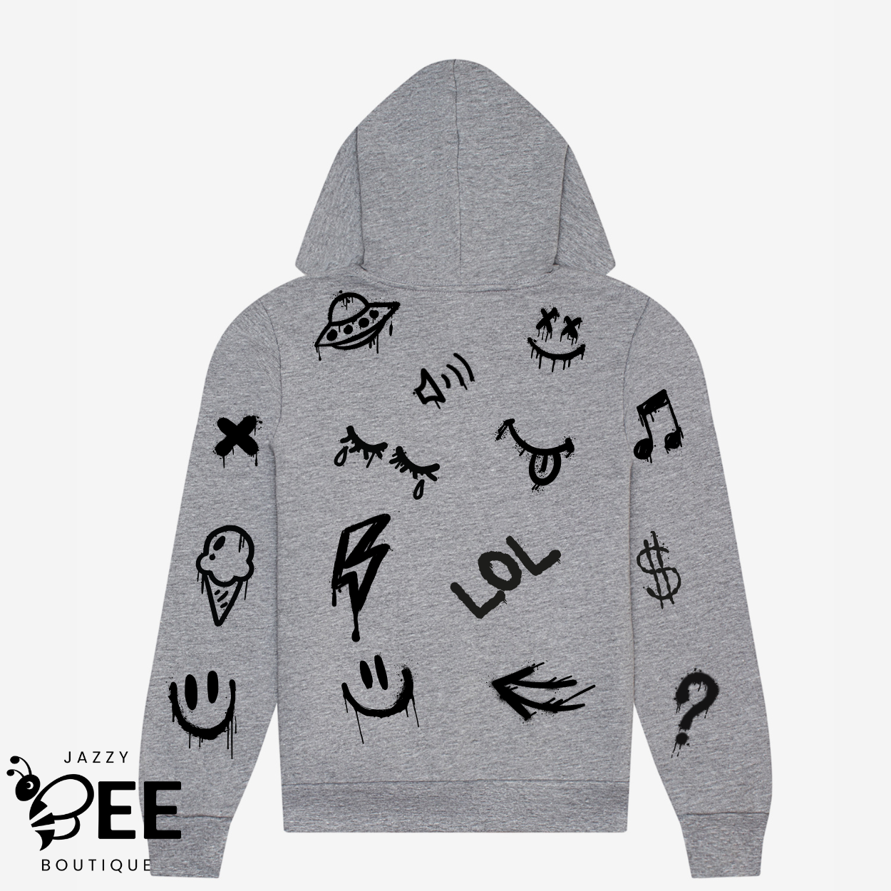 Gray hoodie with black graphic designs on a white background, featuring the brand 'Jazzy Bee Boutique'.
