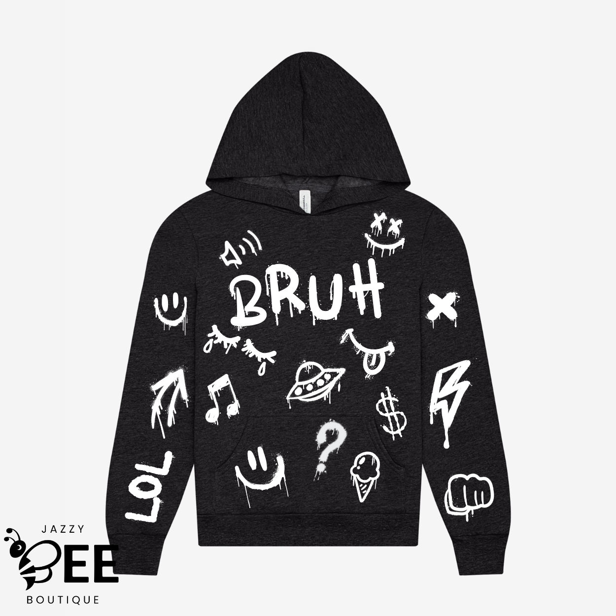 Dark gray hoodie with white graphics and text on a light gray background