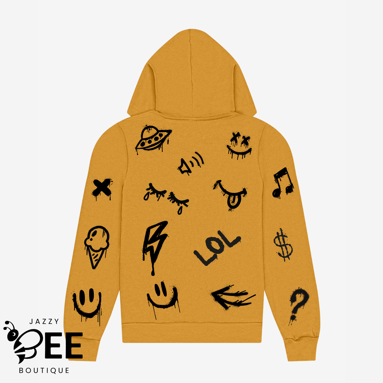 Yellow hoodie with black graphics on a white background, featuring the brand 'Jazzy Bee Boutique'.