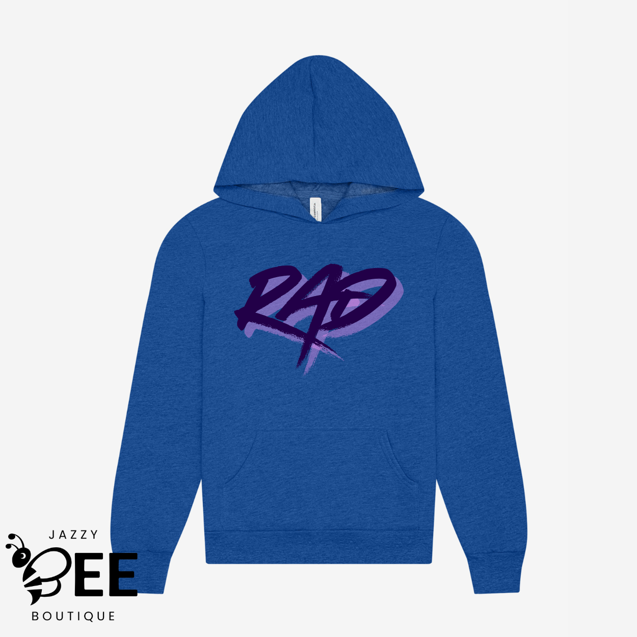 Blue hoodie with a purple 'RAD' logo on a white background, featuring Jazzy Bee Boutique logo.