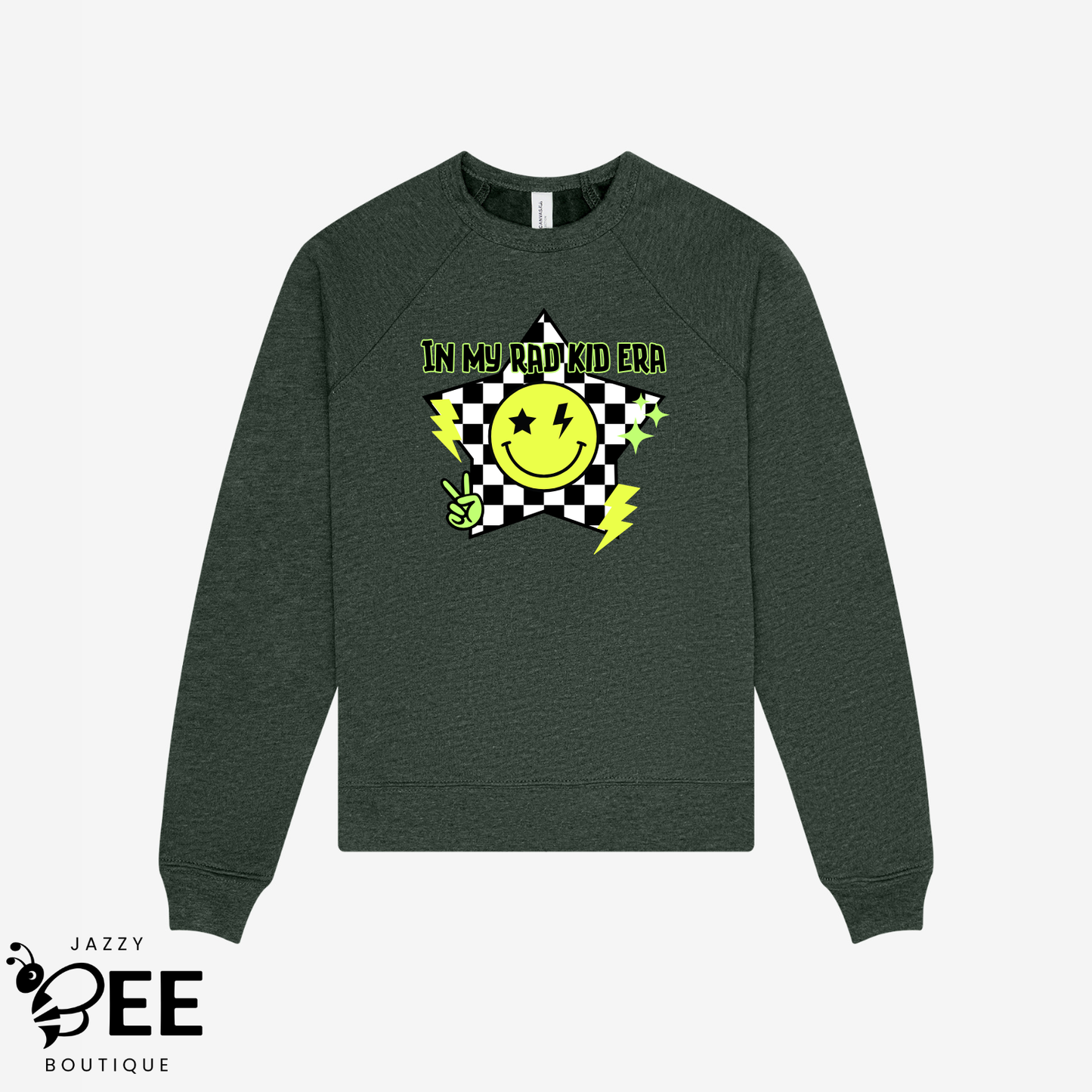 Green sweatshirt with a smiley face and checkered star design on a white background