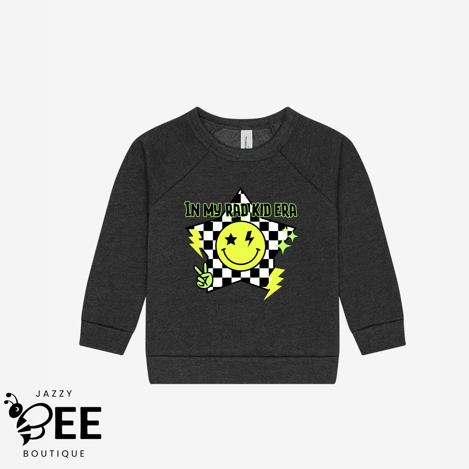 Dark gray sweatshirt with a smiley face and text design on a white background, featuring the brand 'Jazzy Bee Boutique'.