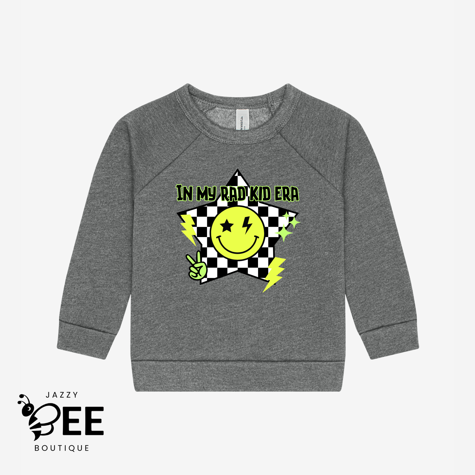 Gray sweatshirt with a colorful graphic design on a white background, featuring the brand 'Jazzy Bee Boutique'.