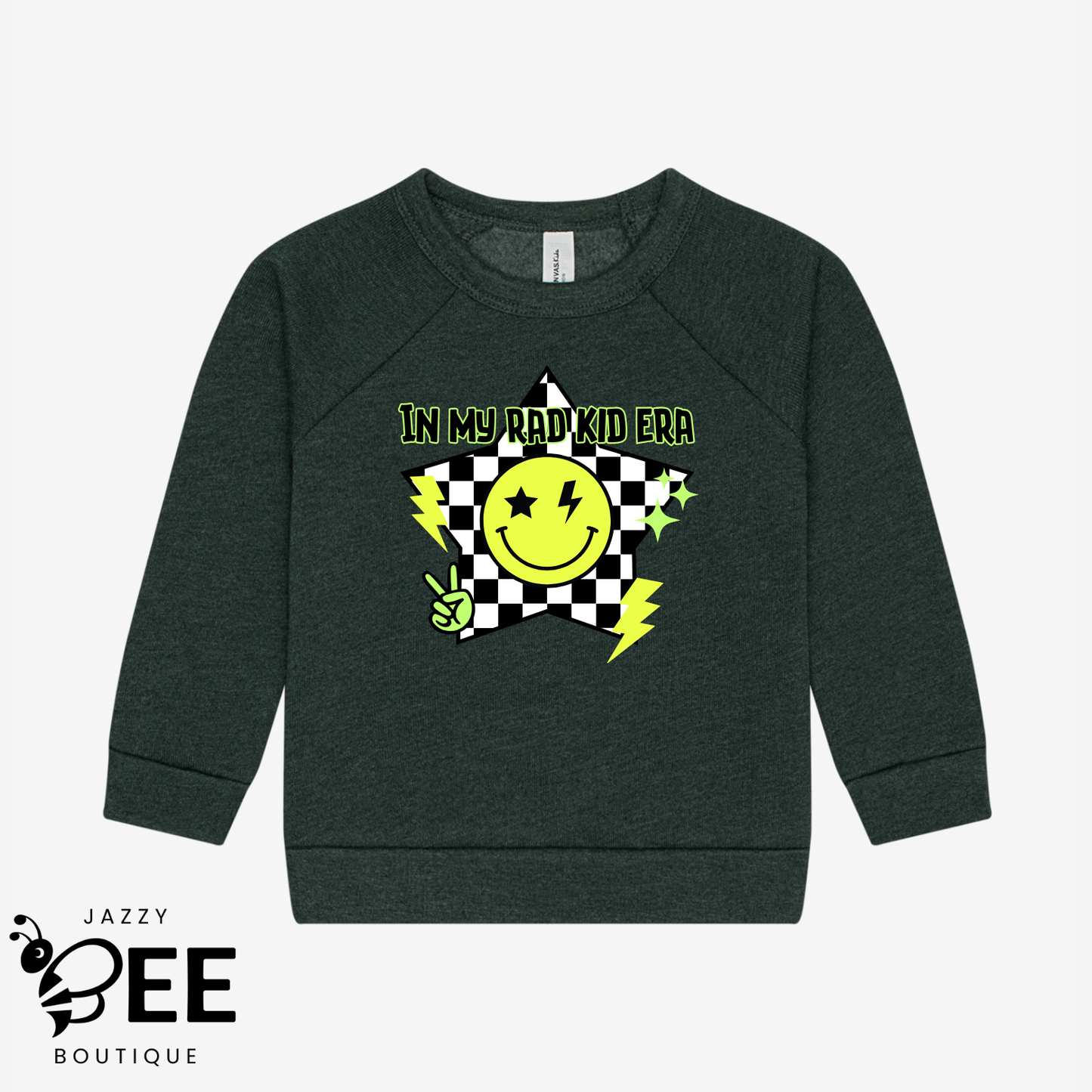 Dark green sweatshirt with a smiley face and text design on a light gray background, featuring the brand 'Jazzy Bee Boutique'.