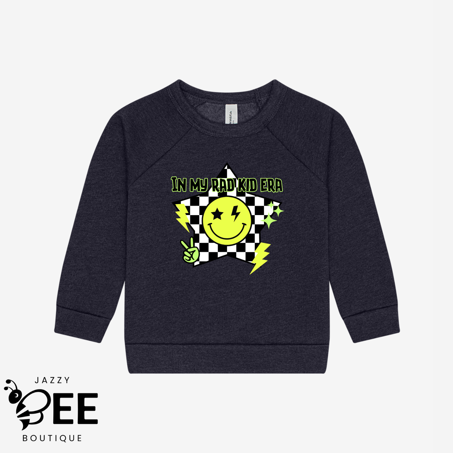 Navy blue sweatshirt with a smiley face design and text on a white background, featuring the brand 'Jazzy Bee Boutique'.