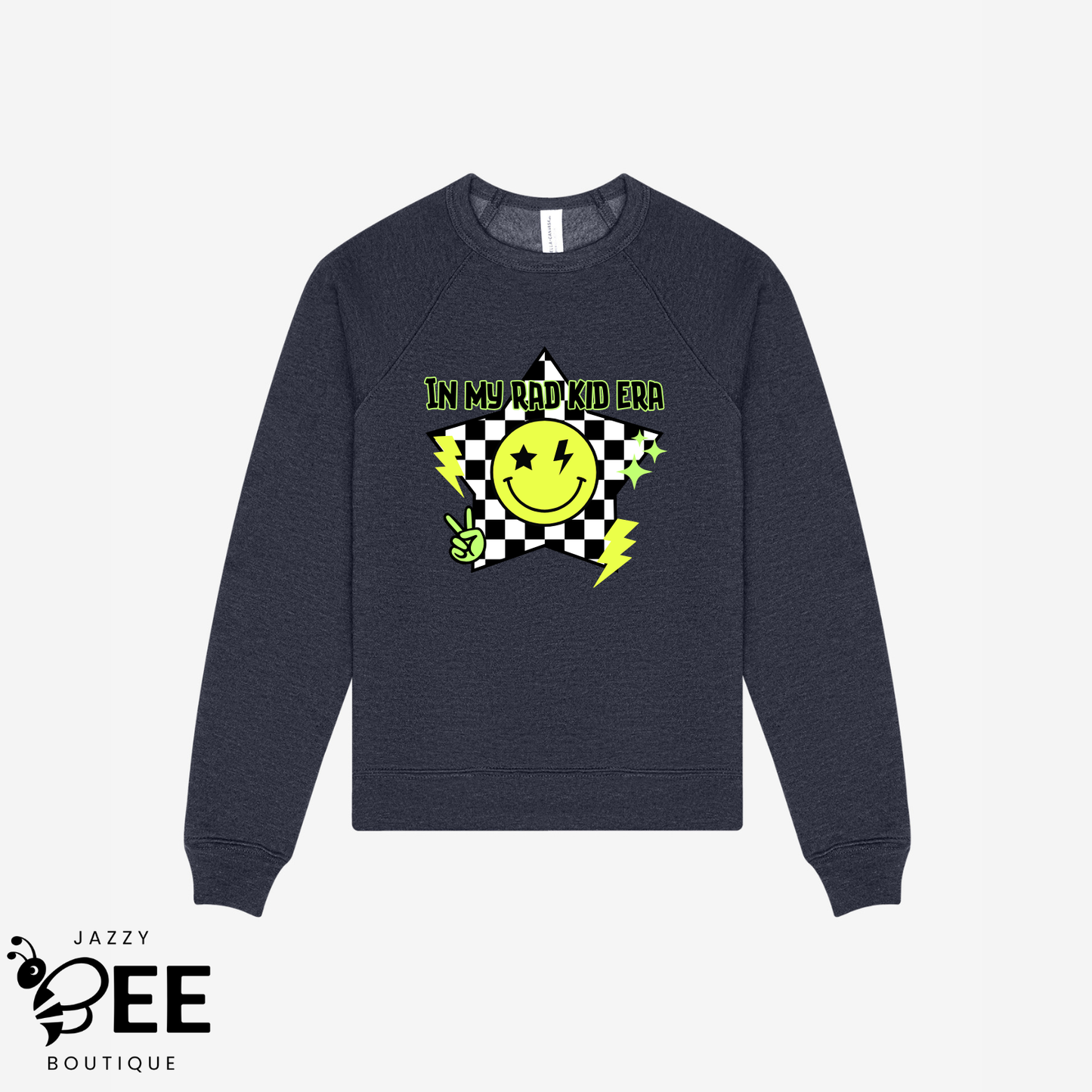 Navy blue sweatshirt with a smiley face and text design on a white background, featuring the brand 'Jazzy EE Boutique'.