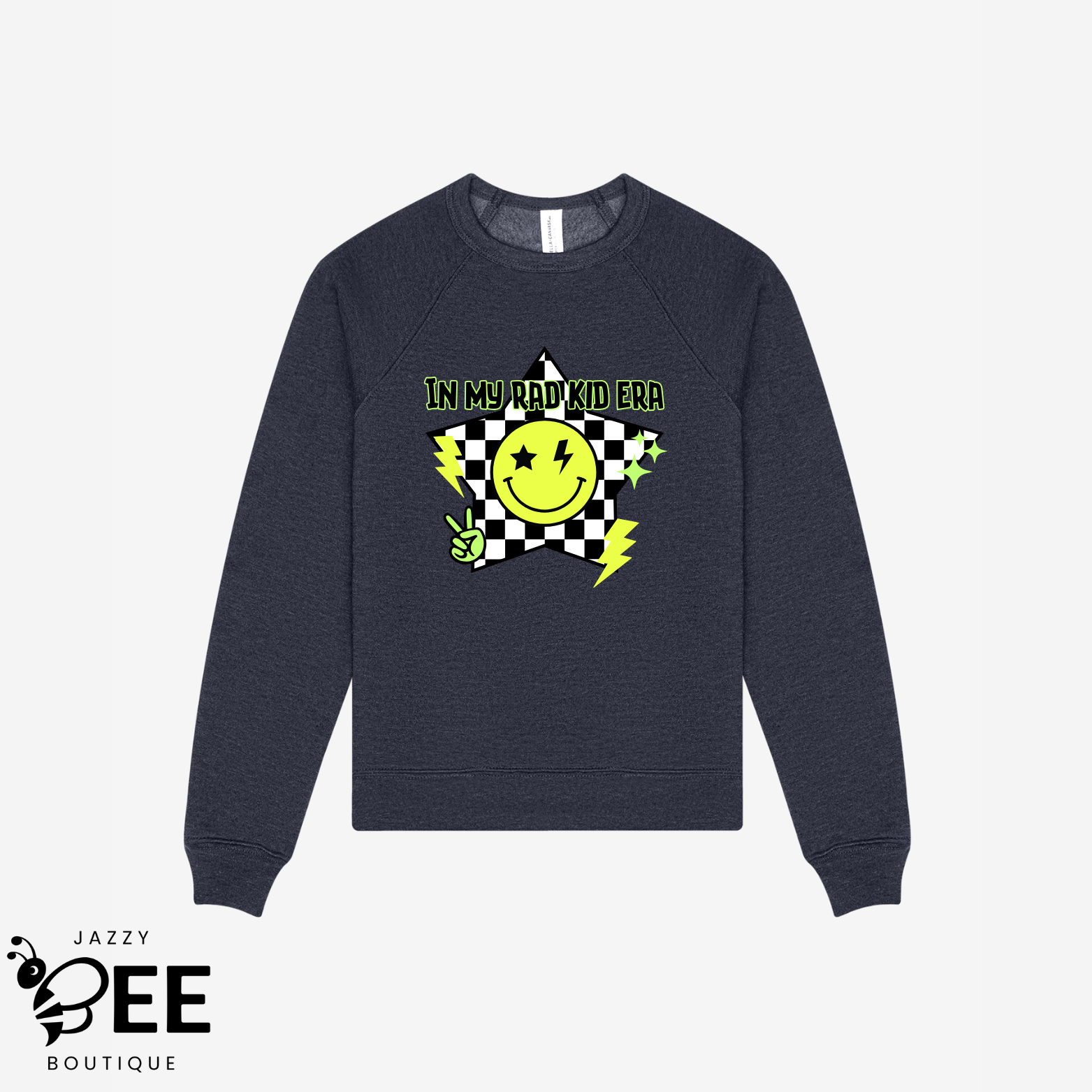 Navy blue sweatshirt with a smiley face and text design on a white background, featuring the brand 'Jazzy EE Boutique'.