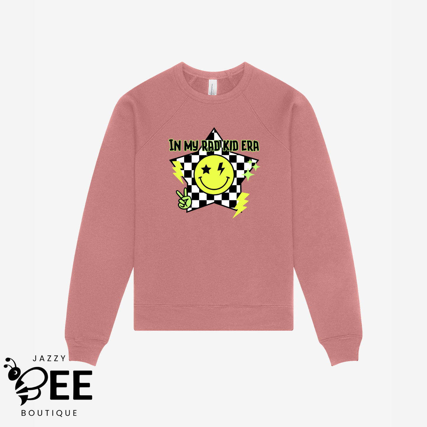 Mauve sweatshirt with a smiley face and text design on a white background, branded with Jazzy Bee Boutique.