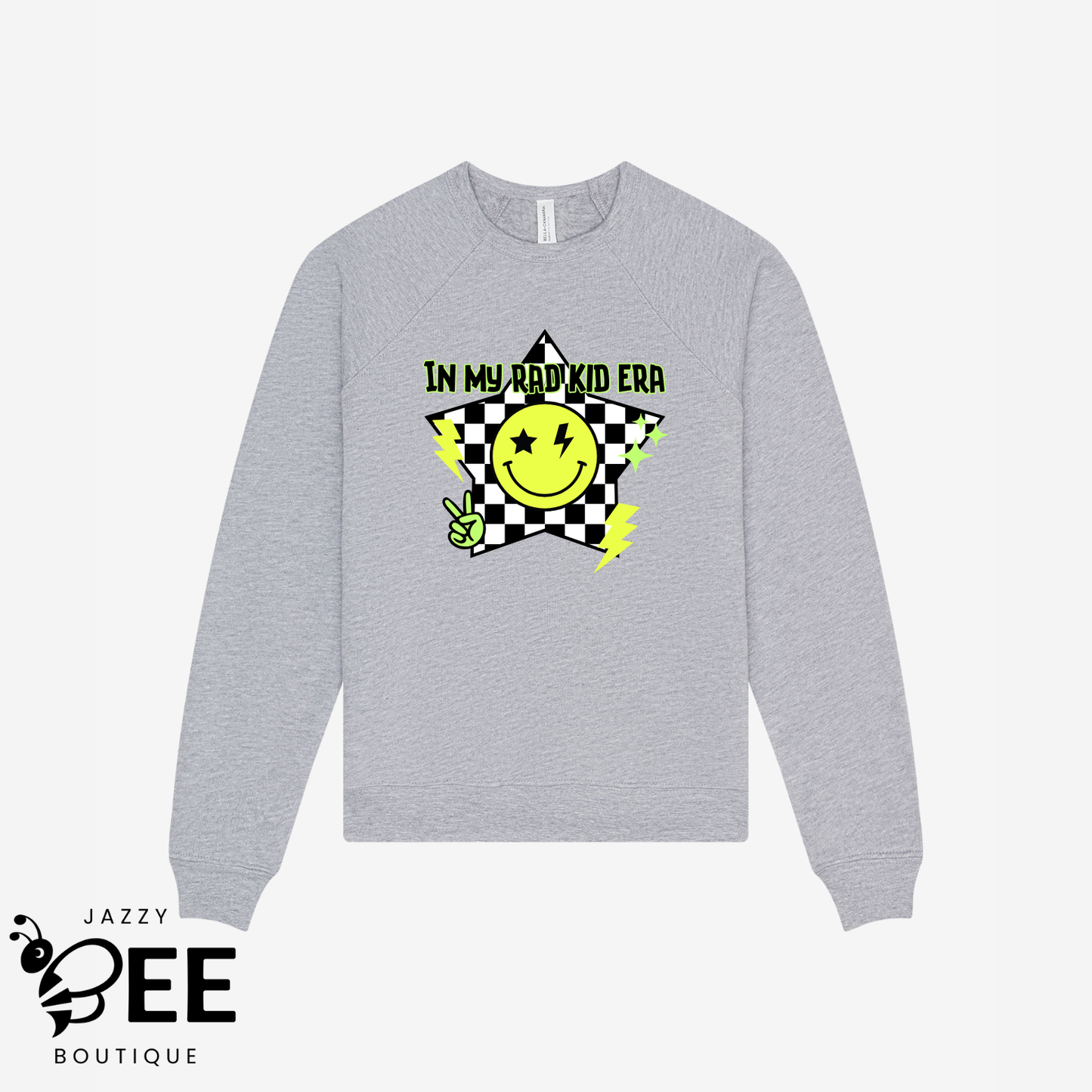 Gray sweatshirt with a colorful graphic and text on a white background, featuring the brand 'Jazzy Bee Boutique'.
