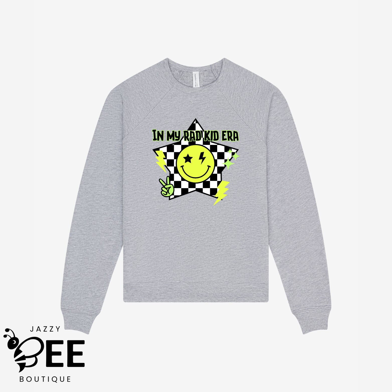 Gray sweatshirt with a colorful graphic and text on a white background, featuring the brand 'Jazzy Bee Boutique'.