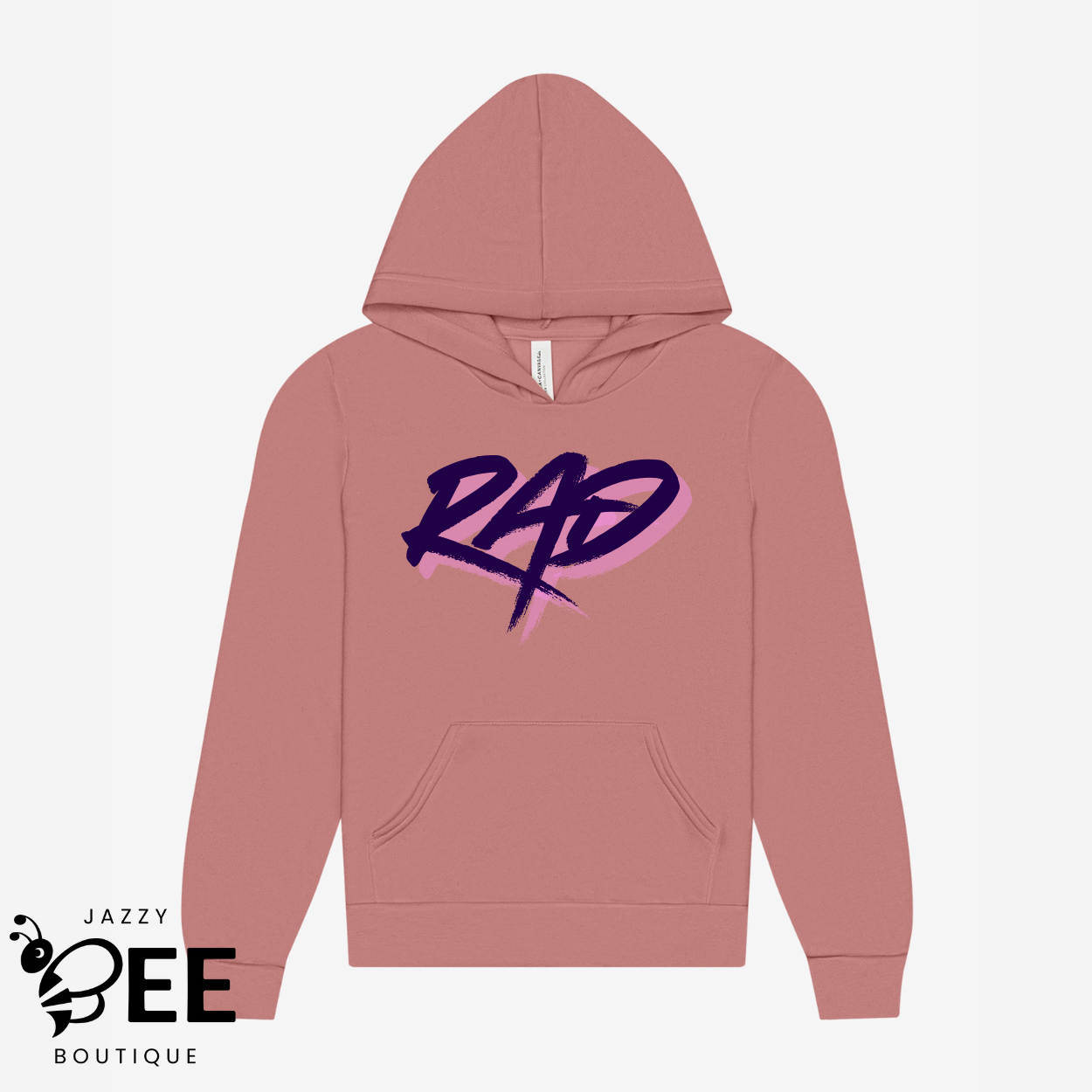 Pink hoodie with 'RAD' in purple on a white background, featuring Jazzy Bee Boutique logo.