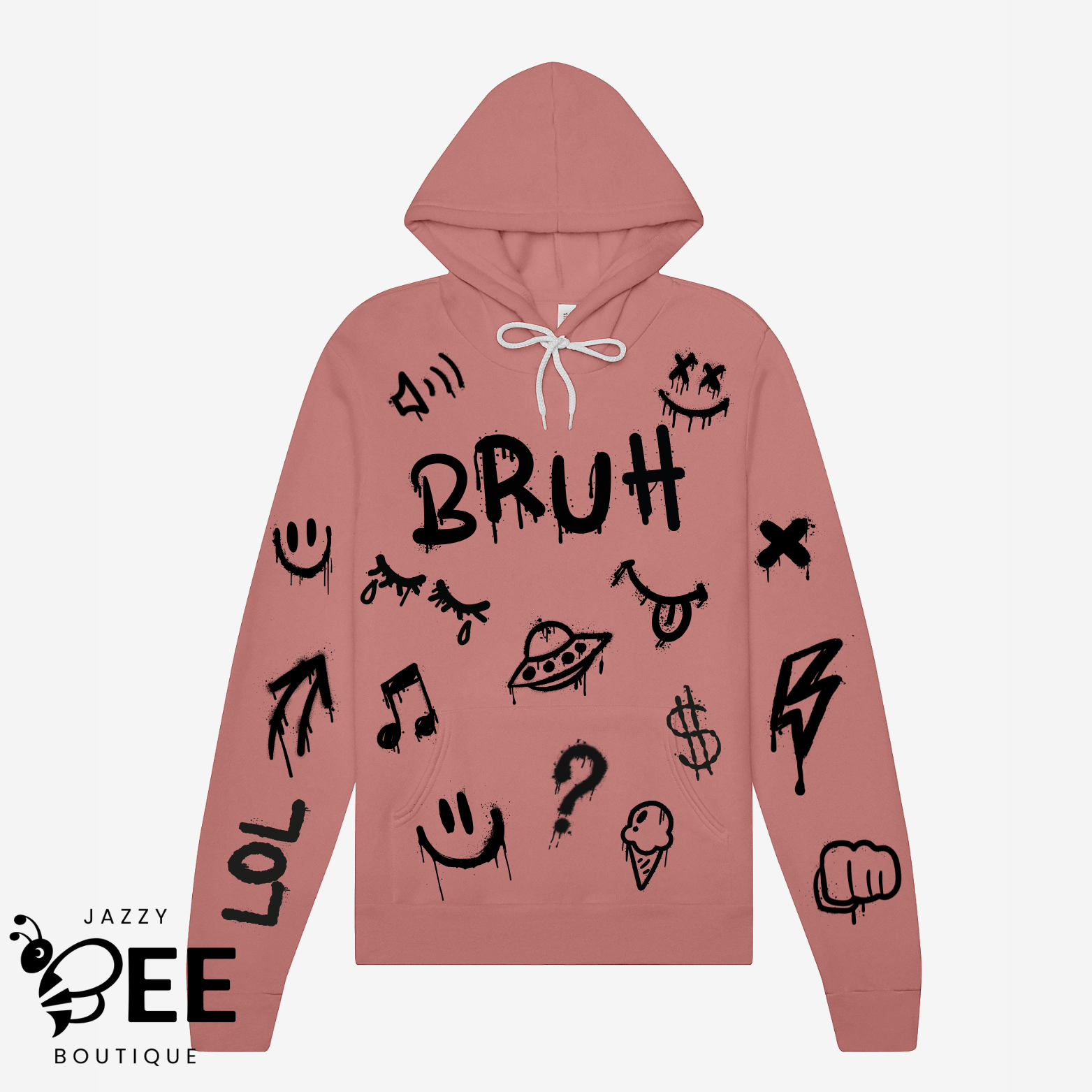 Pink hoodie with black graphics and text on a light pink background, featuring the brand 'Jazzy Bee Boutique'.