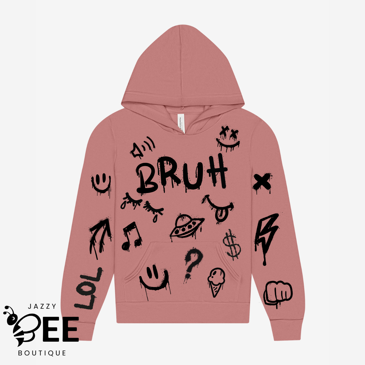Pink hoodie with black graphics and text on a white background, featuring the brand 'Jazzy Bee Boutique'.