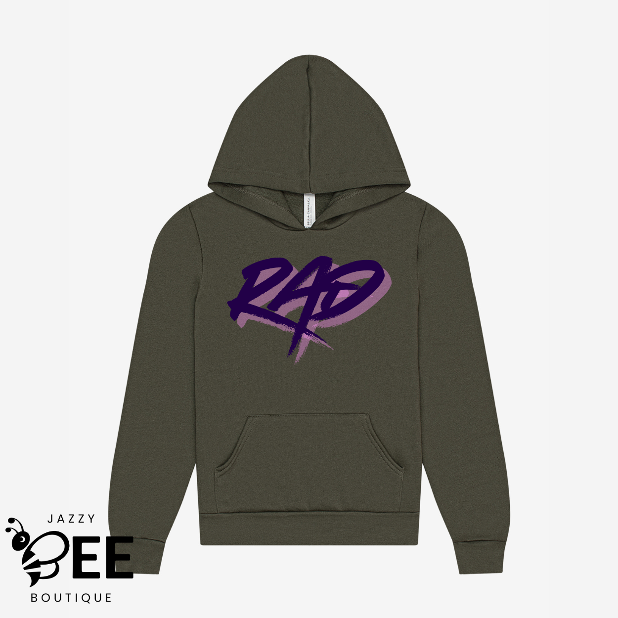 Green hoodie with 'RAD' design on a white background, featuring Jazzy Bee Boutique logo.