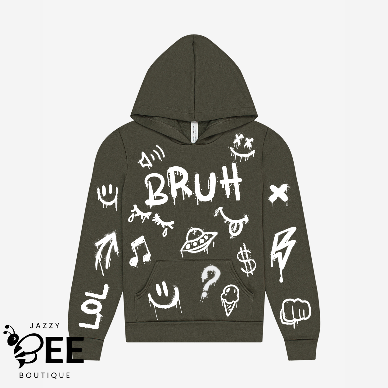 Green hoodie with white graphics and text on a light gray background, featuring the brand 'Jazzy Bee Boutique'.