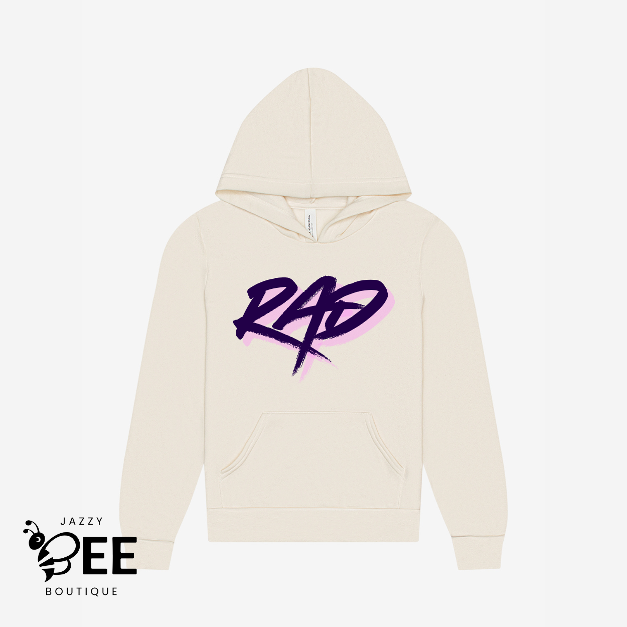 Beige hoodie with 'RAD' graphic on a white background, branded with Jazzy Bee Boutique.