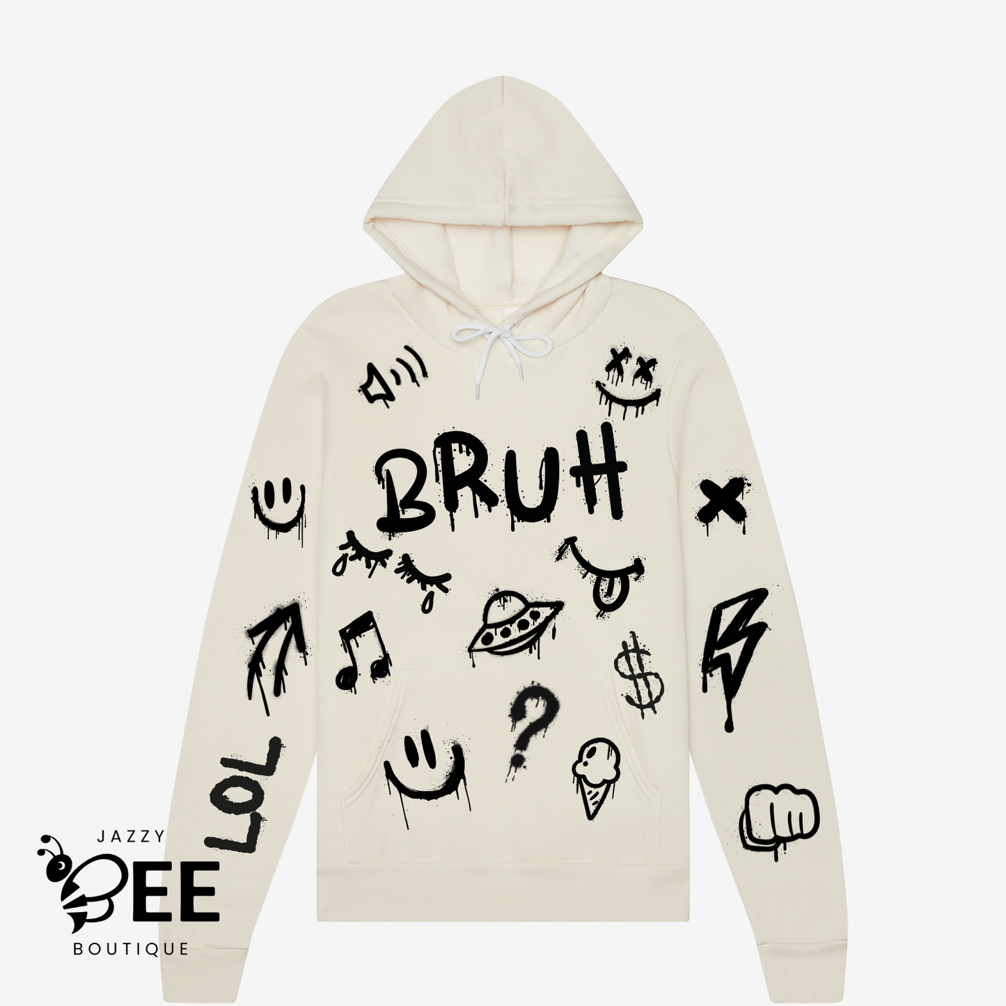 Beige hoodie with black graphics and text on a white background, featuring the brand 'Jazzy Bee Boutique'.