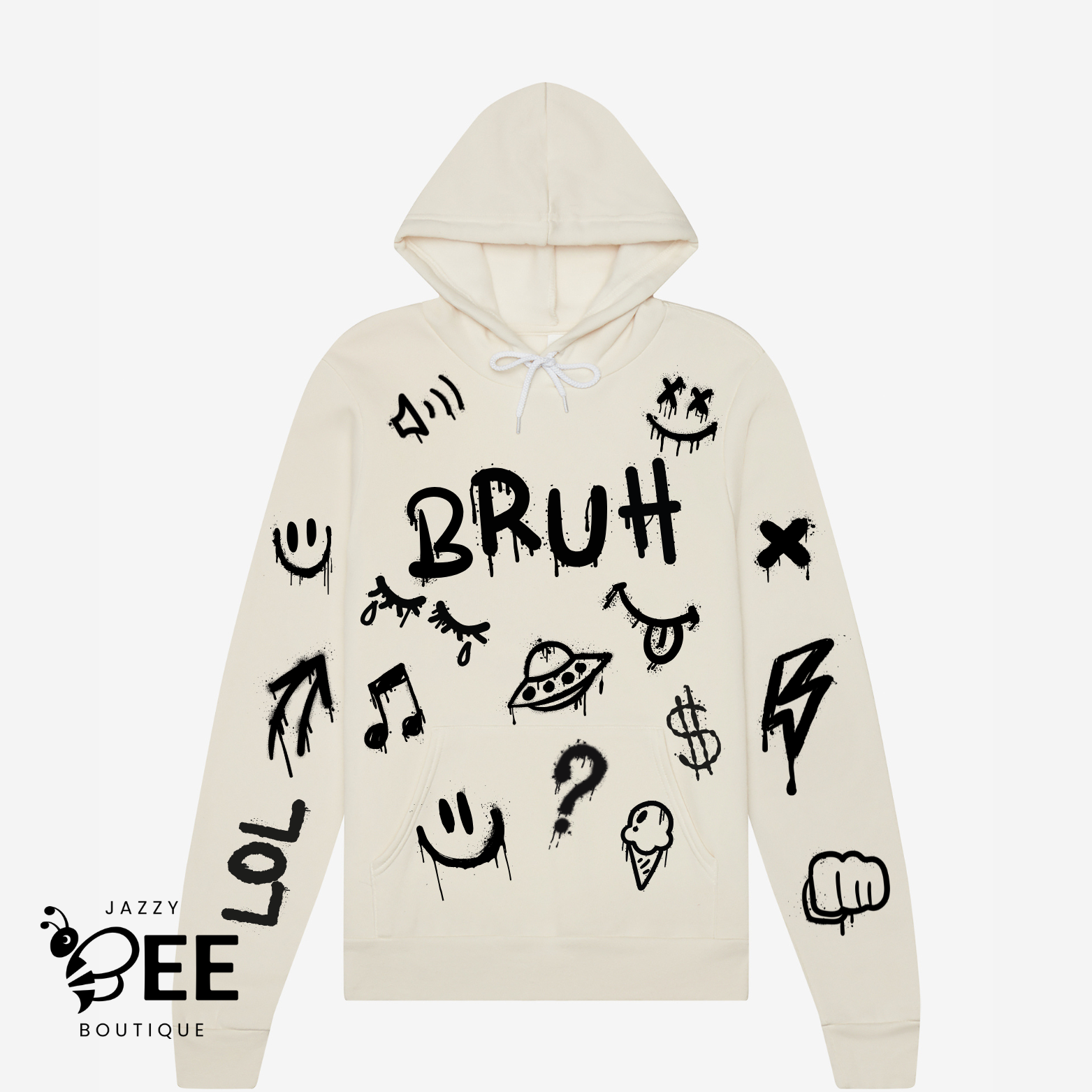 Beige hoodie with black graphics and text on a white background, featuring the brand 'Jazzy Bee Boutique'.