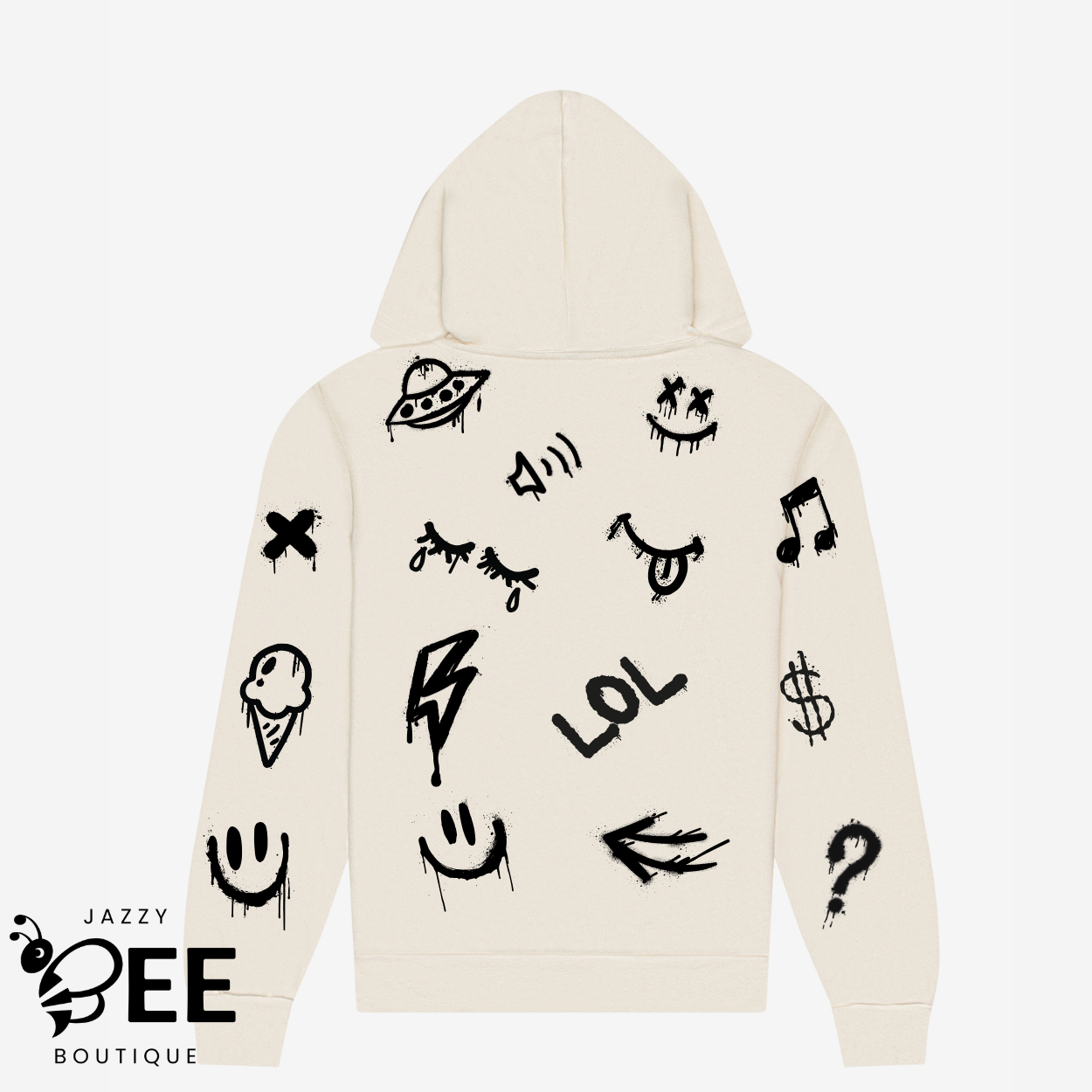 Beige hoodie with black graphics on a white background, featuring the brand 'Jazzy Bee Boutique'.