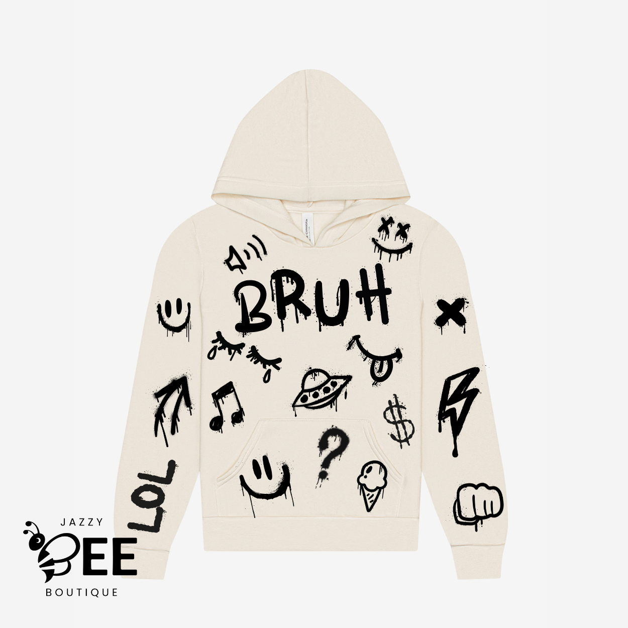 Beige hoodie with black graphics and text on a white background, featuring the brand 'Jazzy Bee Boutique'.