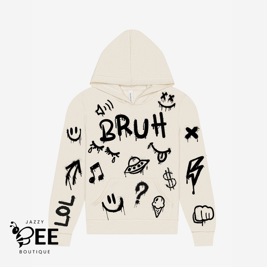 Beige hoodie with black graphics and text on a white background, featuring the brand 'Jazzy Bee Boutique'.