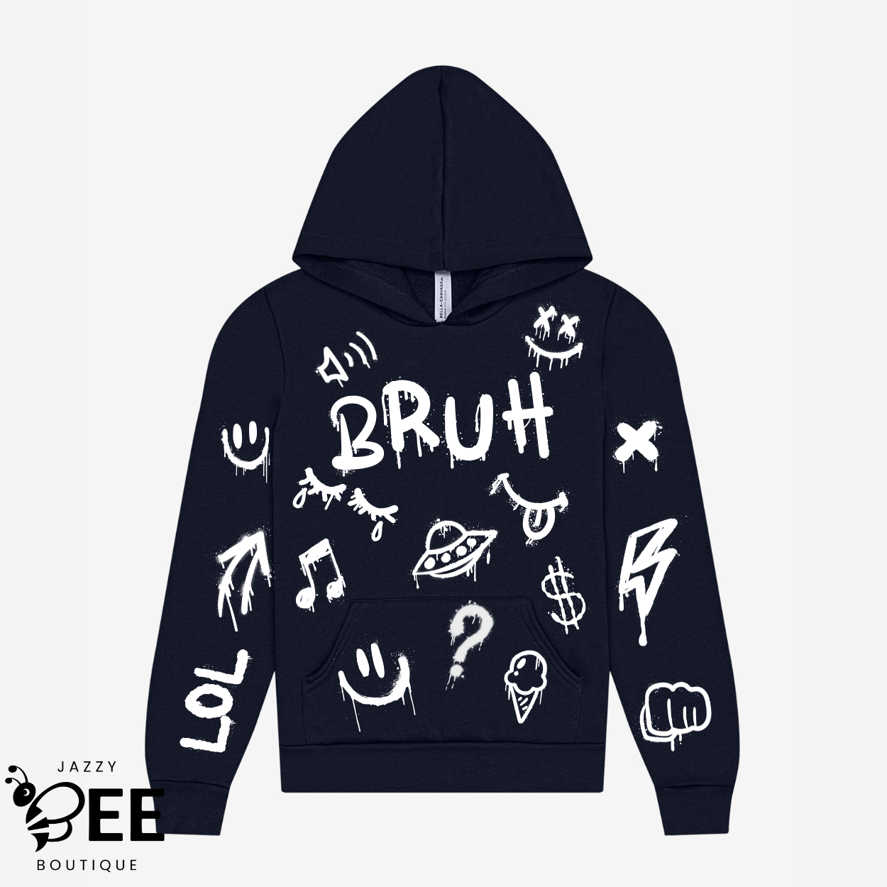 Navy hoodie with white graphics and text on a white background