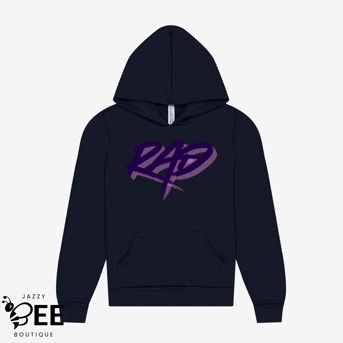 Navy hoodie with a purple logo on a white background, featuring the brand 'Jazzy Bee Boutique'.