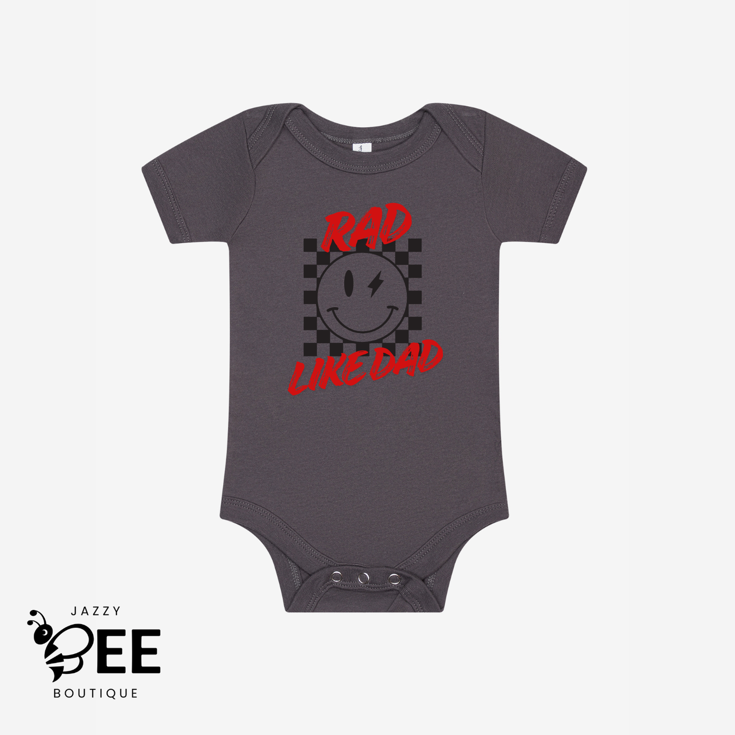 Gray baby onesie with red and black graphic and text on a white background, featuring the brand 'Jazzy Bee Boutique'.