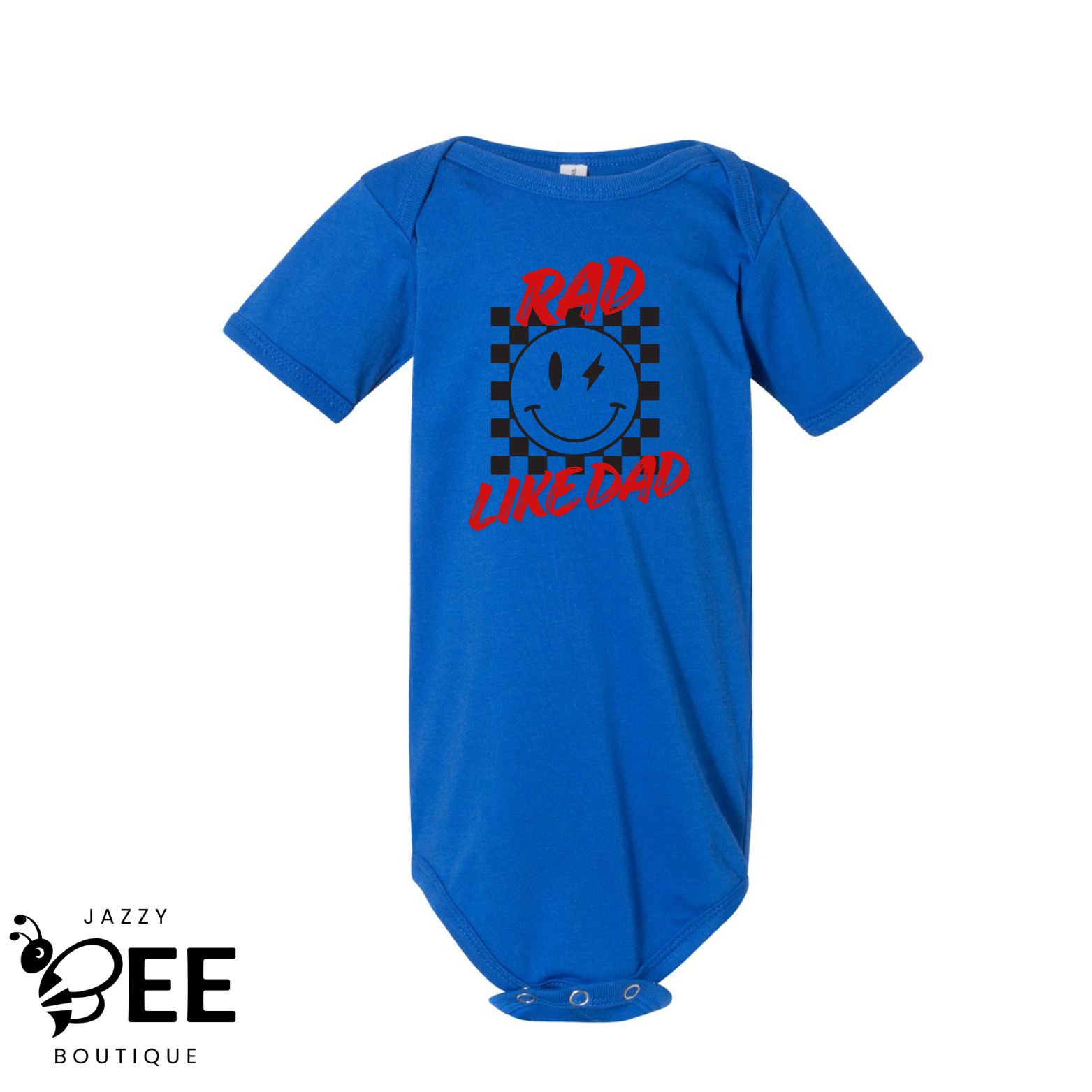 Blue baby onesie with a smiley face and text on a white background, featuring the brand 'Jazzy Bee Boutique'.