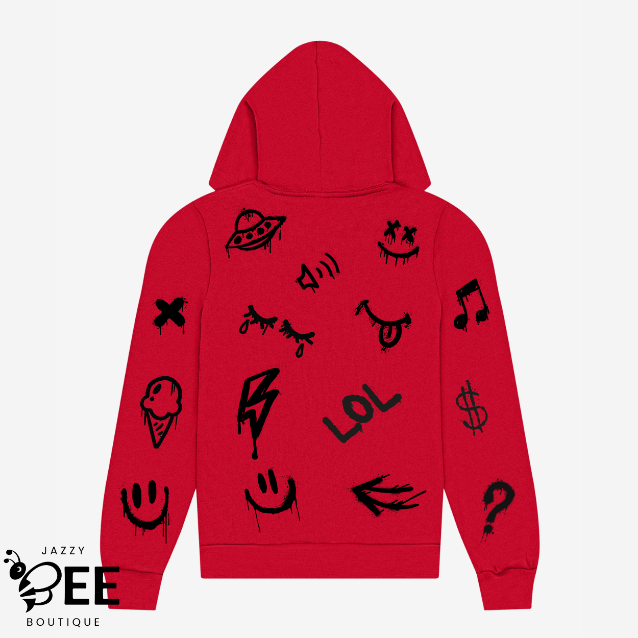 Red hoodie with black graphics on a white background, featuring the brand 'Jazzy Bee Boutique'.