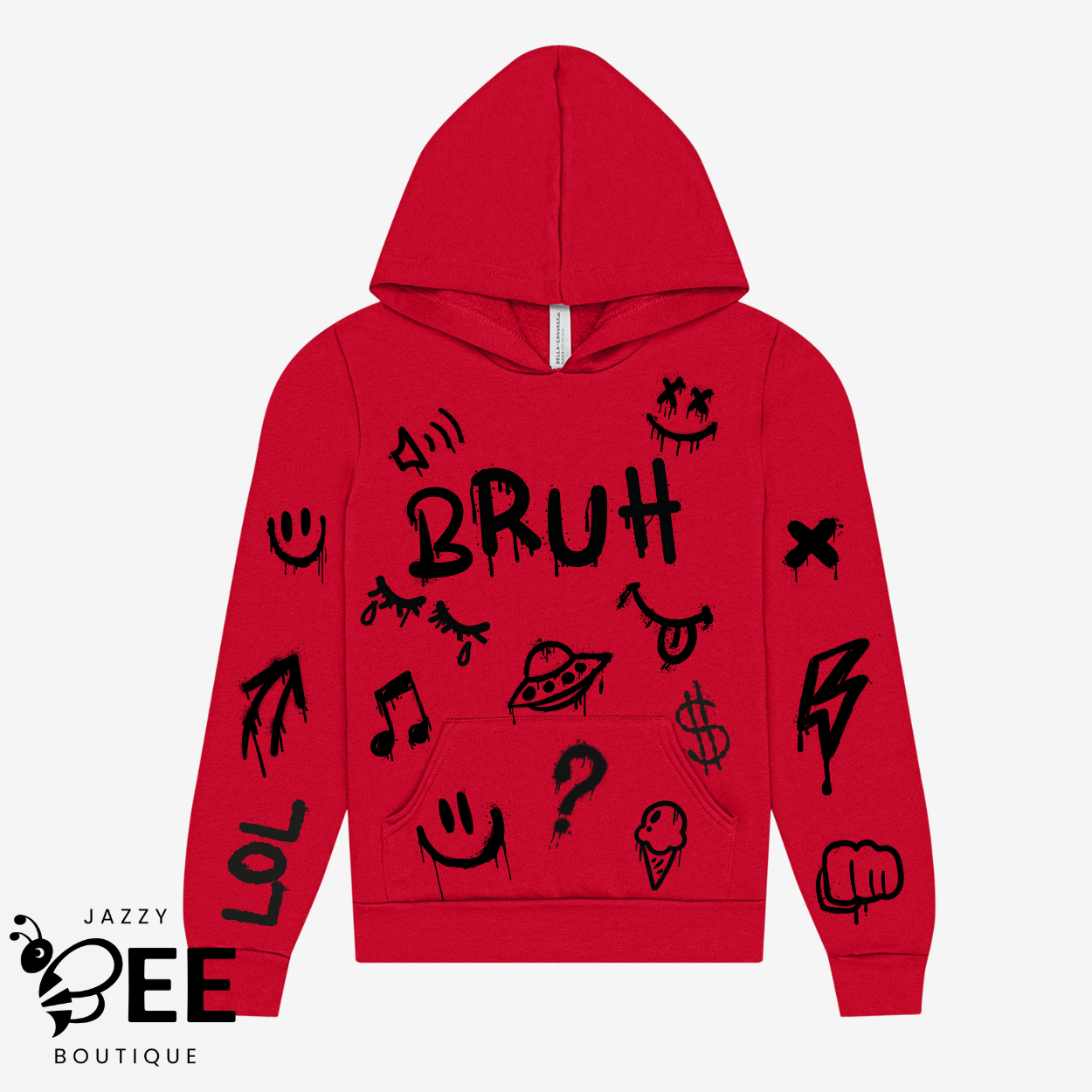 Red hoodie with black graphics and text on a white background, featuring the brand 'Jazzy Bee Boutique'.