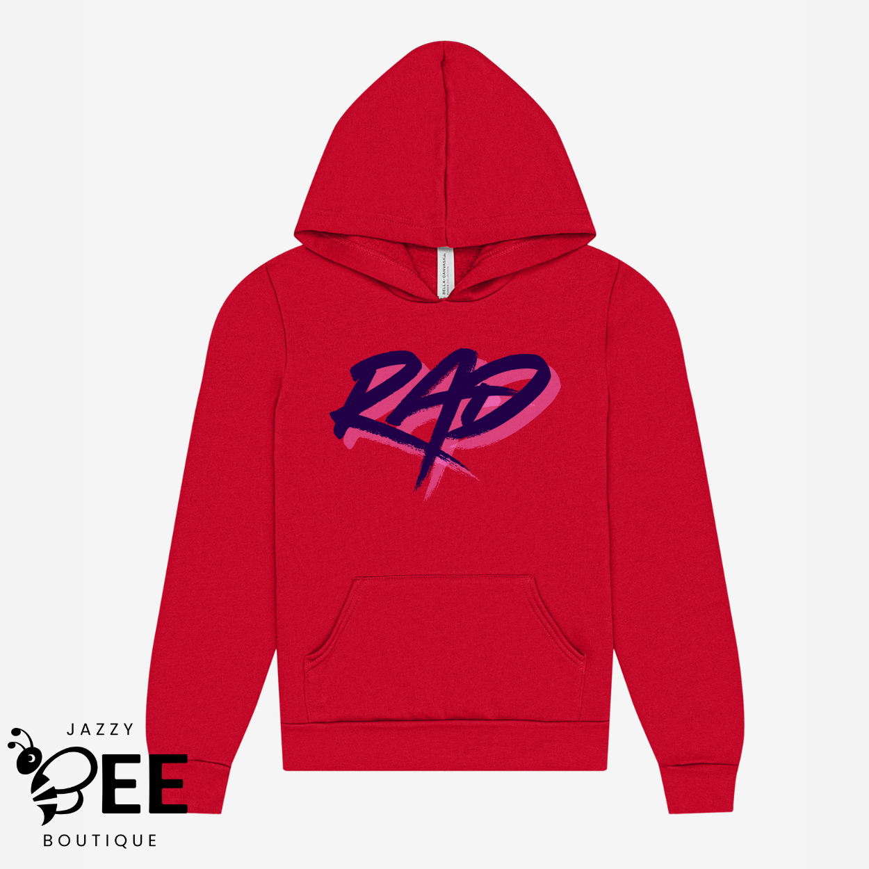 Red hoodie with 'RAP' design on a white background, featuring Jazzy BEE Boutique logo.