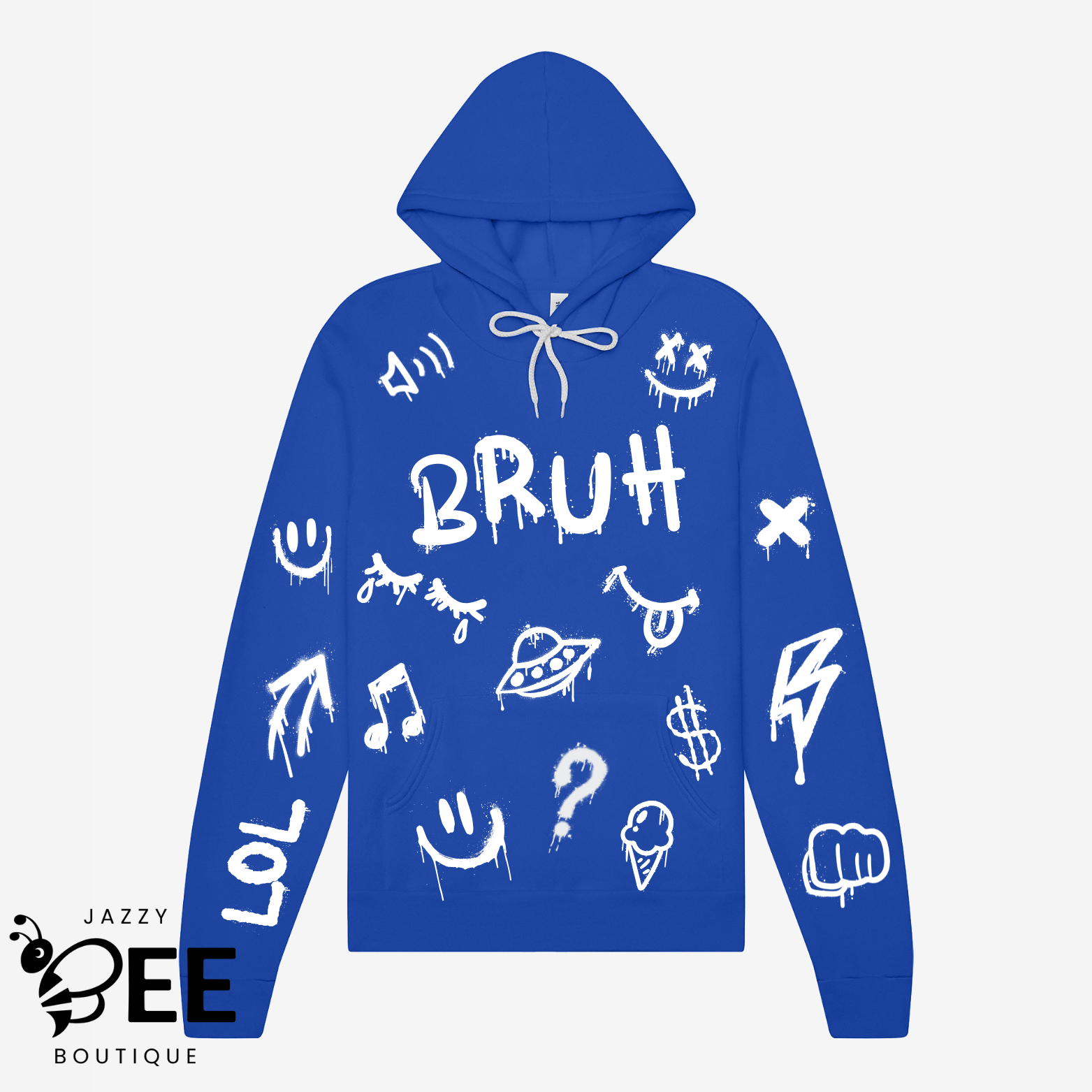 Blue hoodie with white graphics and text on a white background, featuring the brand 'Jazzy Bee Boutique'.