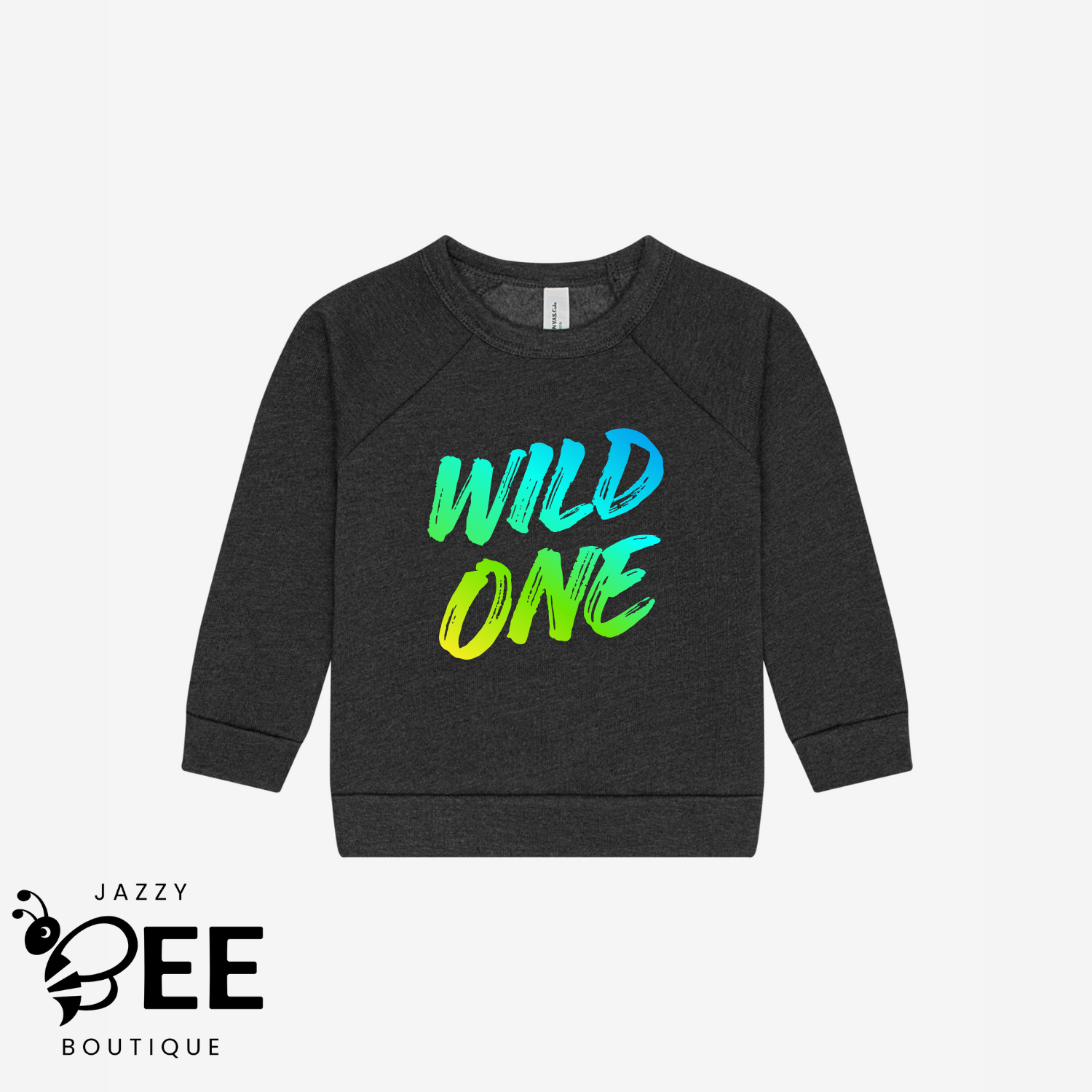 Dark Gray sweatshirt with 'WILD ONE' text in colorful letters on a white background, branded with Jazzy Bee Boutique.