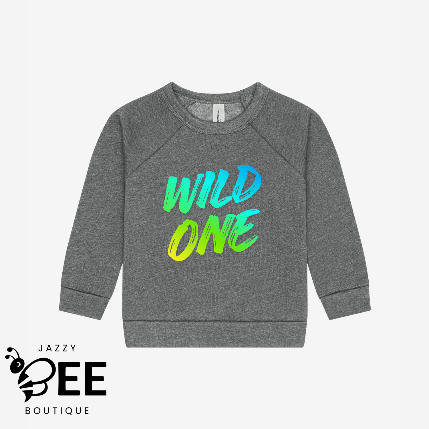 Gray sweatshirt with 'WILD ONE' text in colorful letters on a white background, featuring the Jazzy Bee Boutique logo.