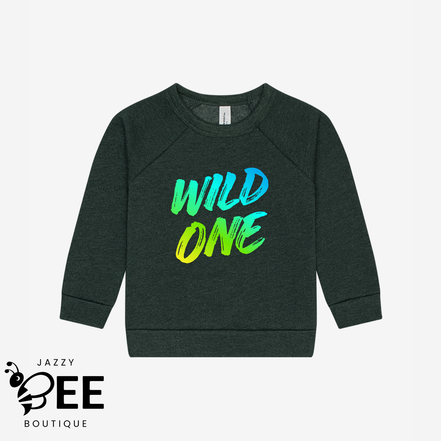 Dark green sweatshirt with 'WILD ONE' in colorful letters on a white background, featuring the Jazzy Bee Boutique logo.